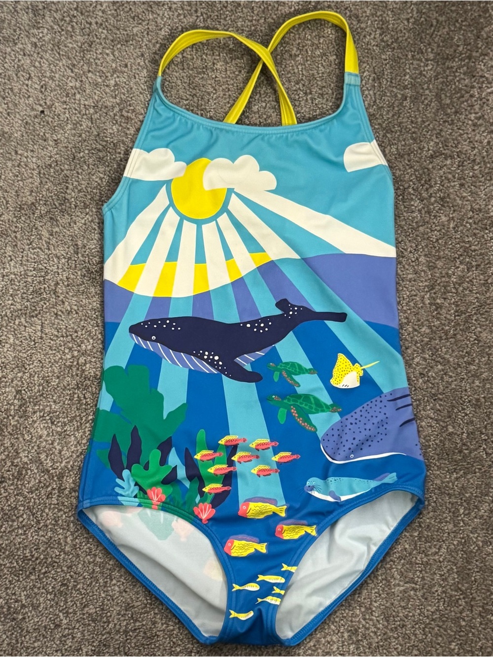 Mini Boden Girl Blue Whale & Reef One-Piece Swimsuit with Yellow Straps